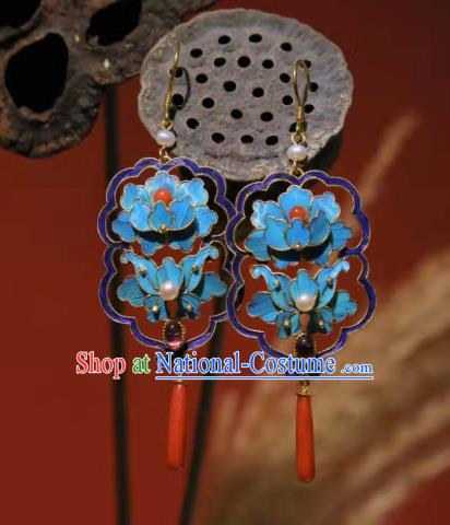 Handmade Chinese Cheongsam Agate Ear Accessories Traditional Culture Jewelry Blue Peony Earrings