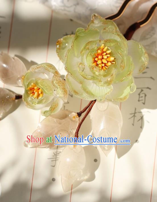 China Classical Hanfu Green Flowers Hair Stick Traditional Ming Dynasty Princess Hairpin Hair Accessories