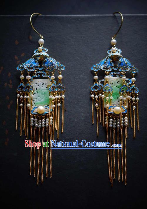 Handmade Chinese Cheongsam Blueing Pearls Ear Accessories Traditional Culture Jewelry Jade Earrings