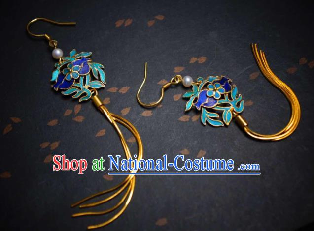 Handmade Chinese Cheongsam Blueing Ear Accessories Traditional Culture Jewelry Golden Long Tassel Earrings