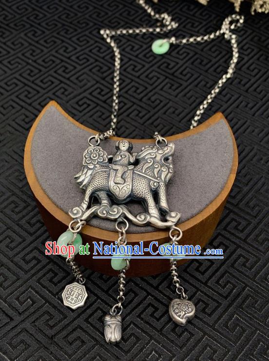 Handmade Chinese Necklace Accessories National Jadeite Necklet Pendant Silver Longevity Lock