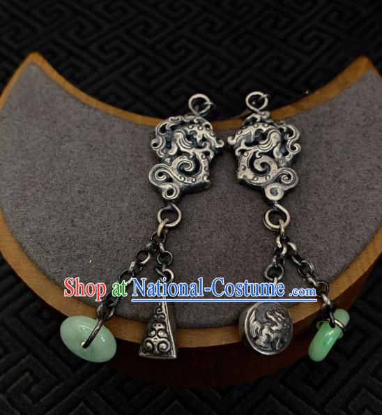 China Traditional Silver Dragon Ear Accessories National Cheongsam Jade Peace Buckle Earrings Jewelry