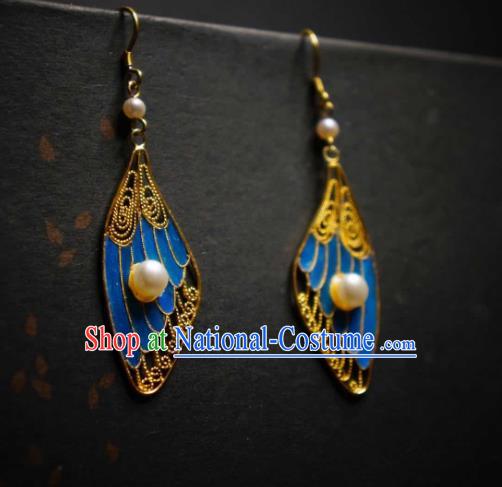 Handmade Chinese Blueing Wing Earrings Traditional Culture Jewelry Cheongsam Pearls Ear Accessories