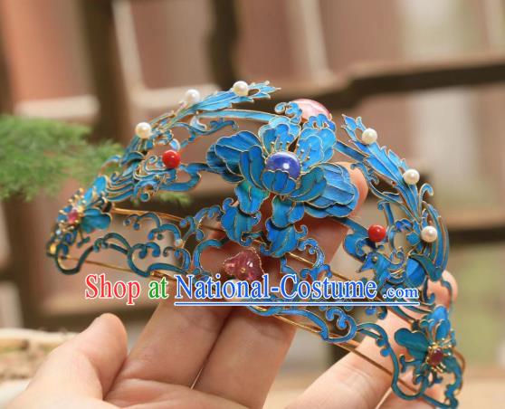 Chinese Handmade Blueing Peony Hairpin Traditional Hair Jewelry Ancient Qing Dynasty Empress Hair Crown