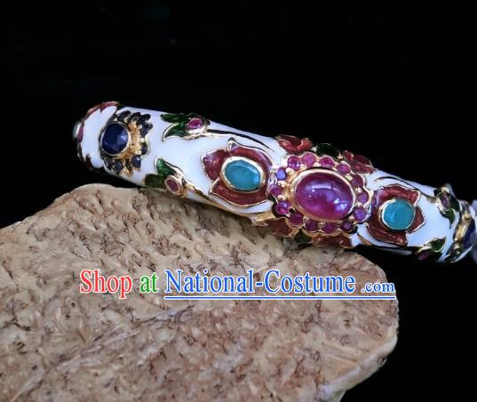 Handmade Chinese National Enamel White Bracelet Gems Bangle Wristlet Accessories