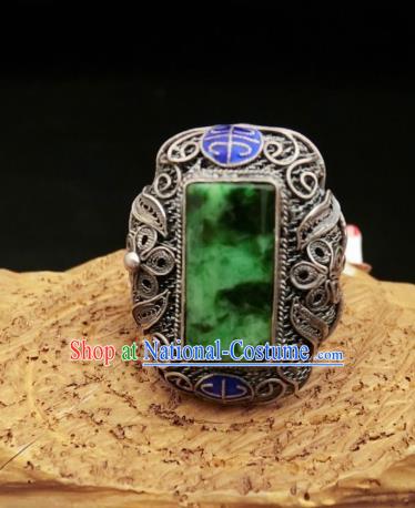 Chinese Handmade Blueing Silver Ring National Jewelry Jadeite Circlet