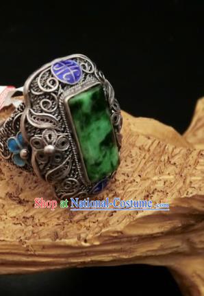 Chinese Handmade Blueing Silver Ring National Jewelry Jadeite Circlet