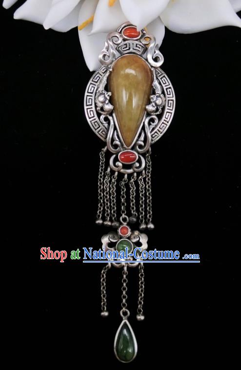 Handmade Chinese National Jadeite Necklace Pendant Traditional Silver Tassel Necklet Accessories