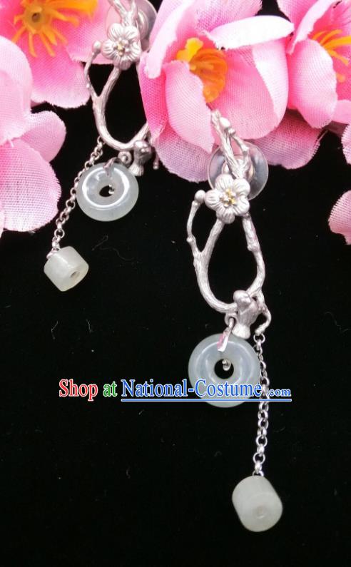 China Traditional Silver Plum Blossom Ear Accessories Handmade Classical Jade Peace Buckle Earrings