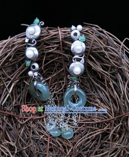 China Handmade Classical Jade Peace Buckle Earrings Traditional Silver Pearls Ear Accessories