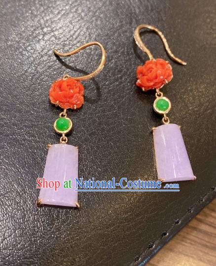 China Classical Pink Jade Earrings Traditional Handmade Agate Carving Peony Ear Accessories