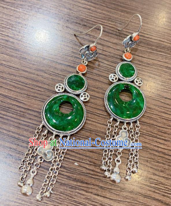 China Classical Jadeite Earrings Traditional Handmade Silver Tassel Ear Accessories