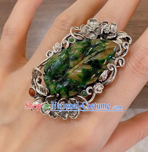 Chinese Jadeite Leaf Circlet Handmade Silver Tassel Finger Ring National Jewelry