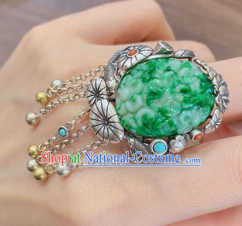 Chinese National Jewelry Jadeite Carving Plum Circlet Handmade Silver Tassel Finger Ring