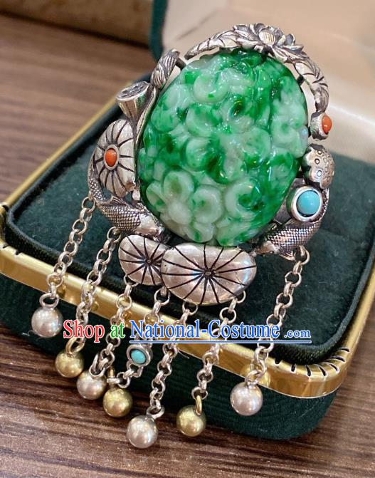 Chinese National Jewelry Jadeite Carving Plum Circlet Handmade Silver Tassel Finger Ring