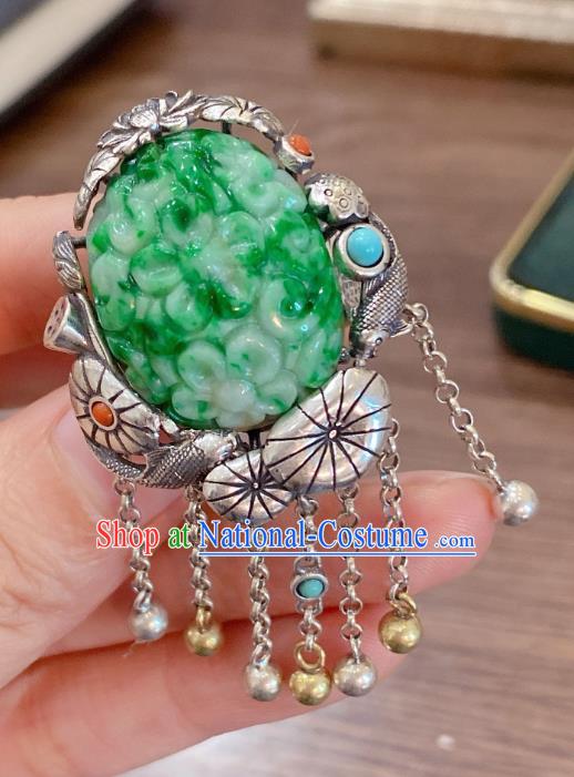 Chinese National Jewelry Jadeite Carving Plum Circlet Handmade Silver Tassel Finger Ring