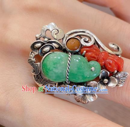 Chinese National Silver Jewelry Jadeite Gourd Circlet Handmade Agate Butterfly Finger Ring