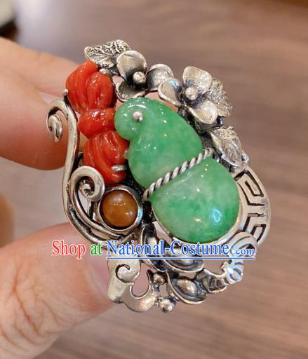 Chinese National Silver Jewelry Jadeite Gourd Circlet Handmade Agate Butterfly Finger Ring