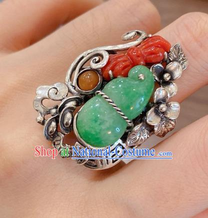 Chinese National Silver Jewelry Jadeite Gourd Circlet Handmade Agate Butterfly Finger Ring