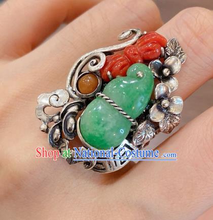 Chinese National Silver Jewelry Jadeite Gourd Circlet Handmade Agate Butterfly Finger Ring