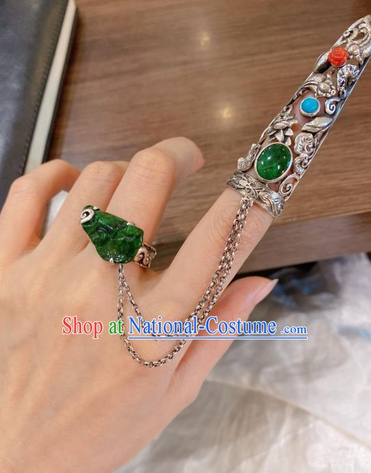 Chinese Handmade National Silver Circlet Finger Jewelry Jadeite Ring with Nail Wrap