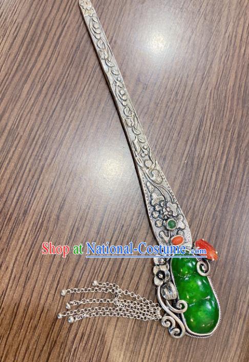 China Classical Silver Hair Stick Traditional Handmade Hairpin Jadeite Hair Accessories