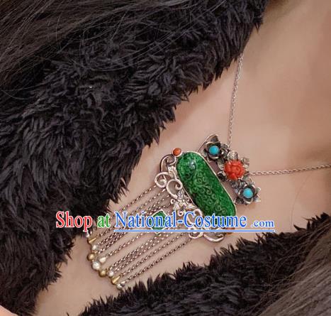 Handmade Chinese Traditional Agate Peony Necklace Accessories National Silver Tassel Jade Necklet Pendant