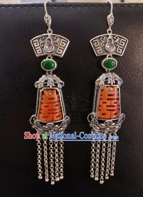 China Classical Silver Tassel Earrings Traditional Handmade Wedding Agate Ear Accessories