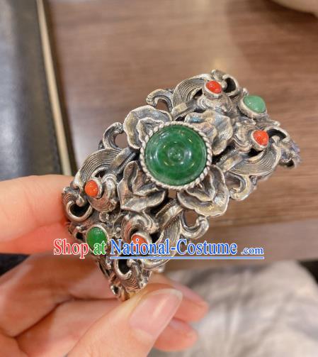 Handmade Chinese National Silver Carving Bangle Traditional Jadeite Accessories Bracelet