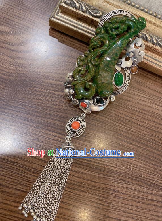 Handmade Chinese Traditional Silver Tassel Necklet Accessories National Jadeite Necklace Pendant