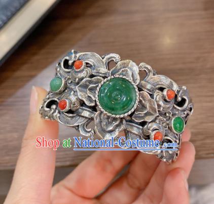 Handmade Chinese National Silver Carving Bangle Traditional Jadeite Accessories Bracelet