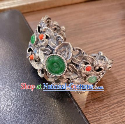 Handmade Chinese National Silver Carving Bangle Traditional Jadeite Accessories Bracelet