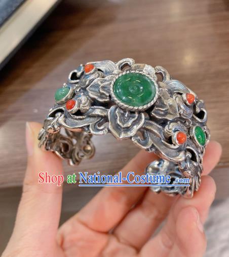 Handmade Chinese National Silver Carving Bangle Traditional Jadeite Accessories Bracelet