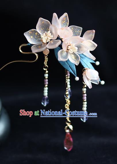 China Traditional Ming Dynasty Tassel Hairpin Classical Pink Flowers Hair Stick