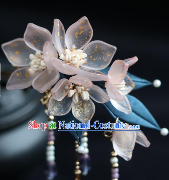 China Traditional Ming Dynasty Tassel Hairpin Classical Pink Flowers Hair Stick