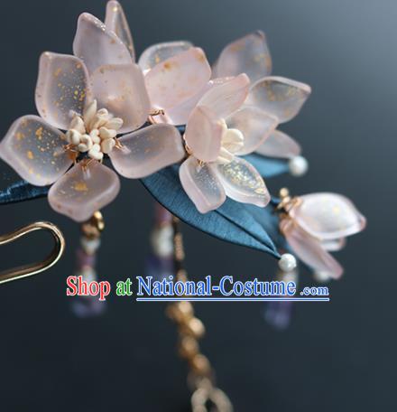 China Traditional Ming Dynasty Tassel Hairpin Classical Pink Flowers Hair Stick