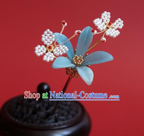 China Classical Hanfu Beads Butterfly Hair Stick Traditional Ming Dynasty Princess Blue Flower Hairpin