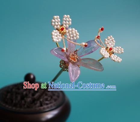 China Traditional Ming Dynasty Princess Lilac Flower Hairpin Classical Hanfu Beads Butterfly Hair Stick