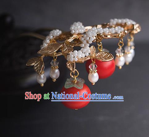 China Handmade New Year Hairpin Traditional Ming Dynasty Princess Red Persimmon Hair Stick