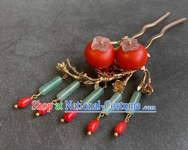 China Traditional Ming Dynasty Princess Tassel Hair Stick Handmade New Year Red Persimmon Hairpin