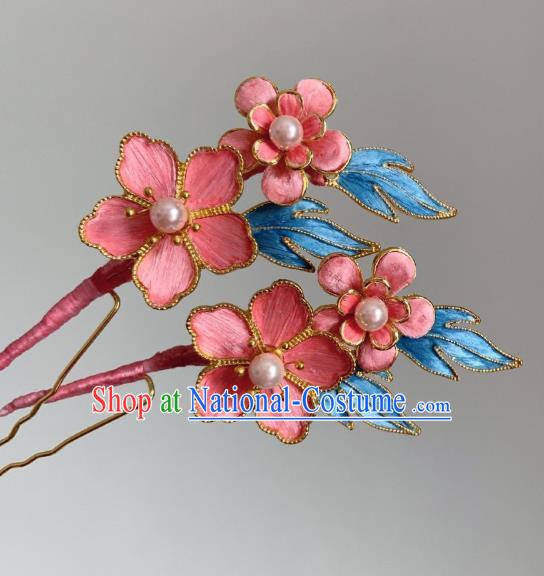 China Classical Velvet Hairpin Traditional Qing Dynasty Pink Plum Hair Stick