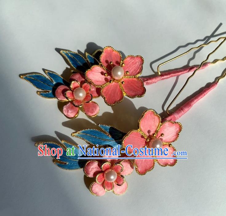 China Classical Velvet Hairpin Traditional Qing Dynasty Pink Plum Hair Stick