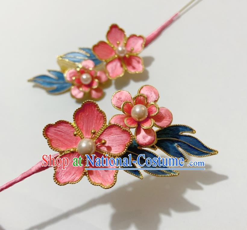 China Classical Velvet Hairpin Traditional Qing Dynasty Pink Plum Hair Stick