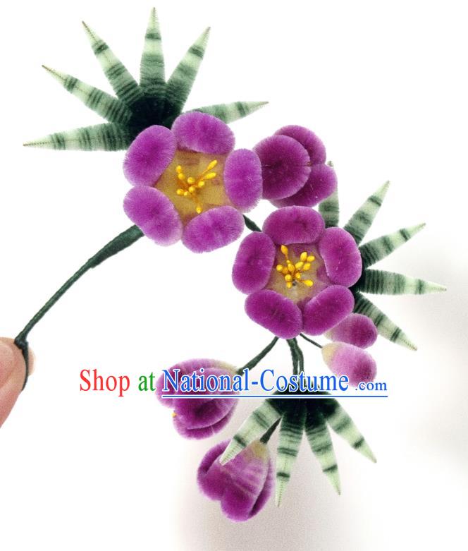 China Traditional Qing Dynasty Palace Plum Bamboo Hair Stick Classical Purple Velvet Hairpin