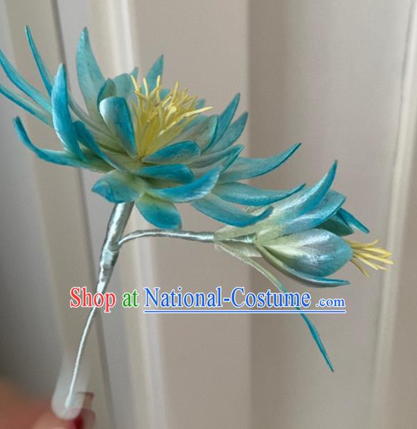 China Classical Blue Velvet Epiphyllum Hairpin Traditional Qing Dynasty Palace Lady Hair Stick