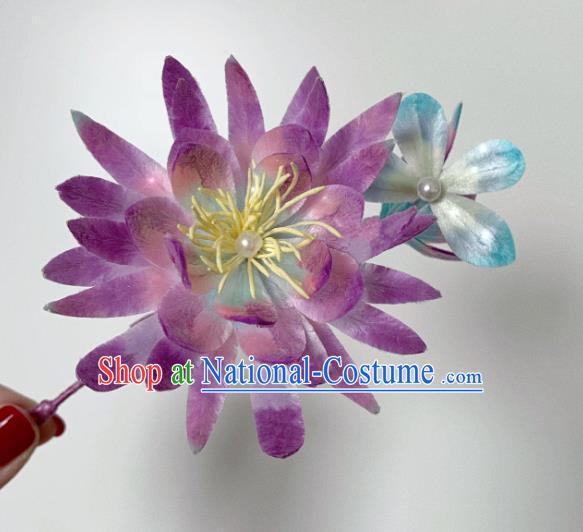 China Classical Purple Velvet Epiphyllum Hairpin Traditional Qing Dynasty Imperial Consort Hair Stick