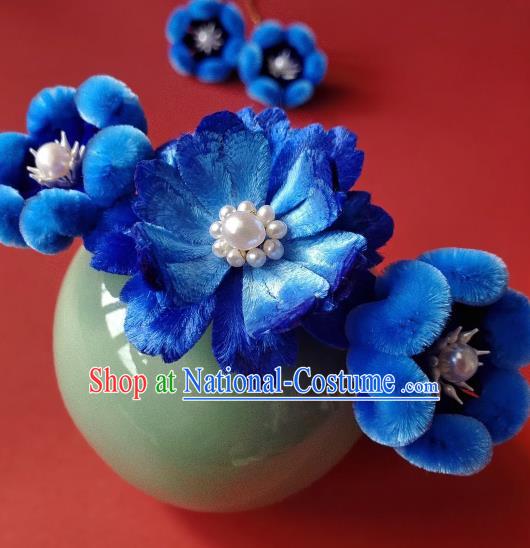 China Traditional Qing Dynasty Imperial Consort Royalblue Velvet Plum Hair Stick Classical Pearls Hairpin