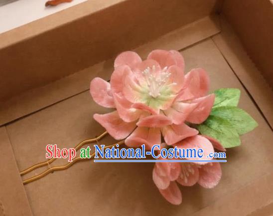 China Traditional Qing Dynasty Hair Stick Classical Pink Velvet Peony Hairpin