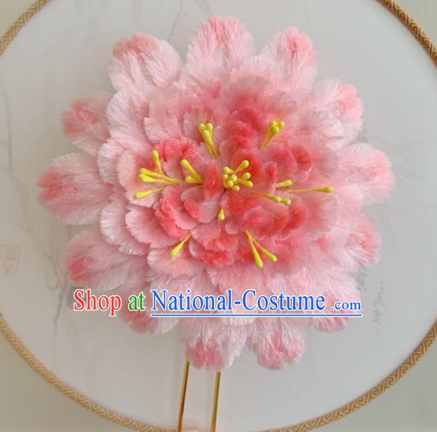 Traditional China Ancient Qing Dynasty Queen Hair Stick Classical Pink Velvet Peony Hairpin