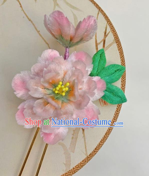 Traditional China Classical Pink Velvet Peony Hairpin Ancient Qing Dynasty Empress Hair Stick